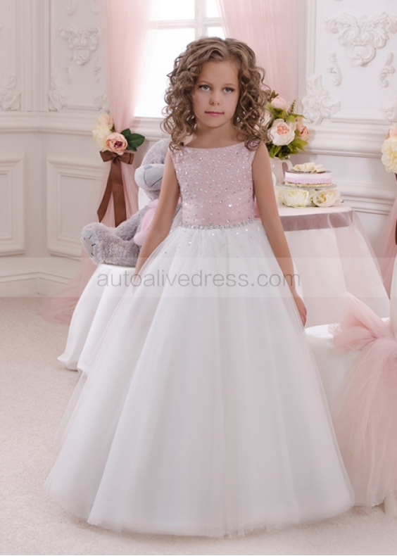 Beaded Pink Satin Ivory Tulle Floor Length Flower Girl Dress